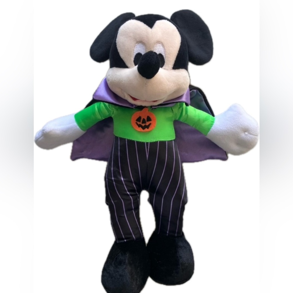 Disney Store Halloween Vampire Mickey Mouse Plush Pumpkin Cape Pinstripe 12.5”